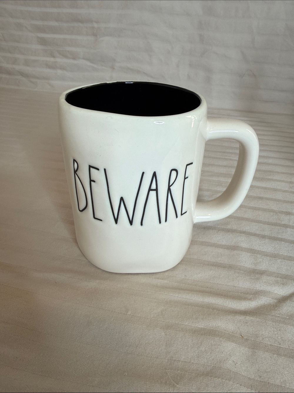 Rae Dunn White Mug with Black Interior - BEWARE